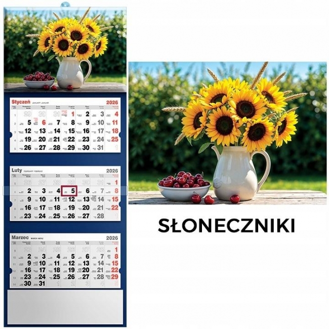<img src='https://webimage.pl/pics/327/1/d5901421111007.jpg' style='height:440px' /> Kalendarz 2026 trójdzielny słoneczniki