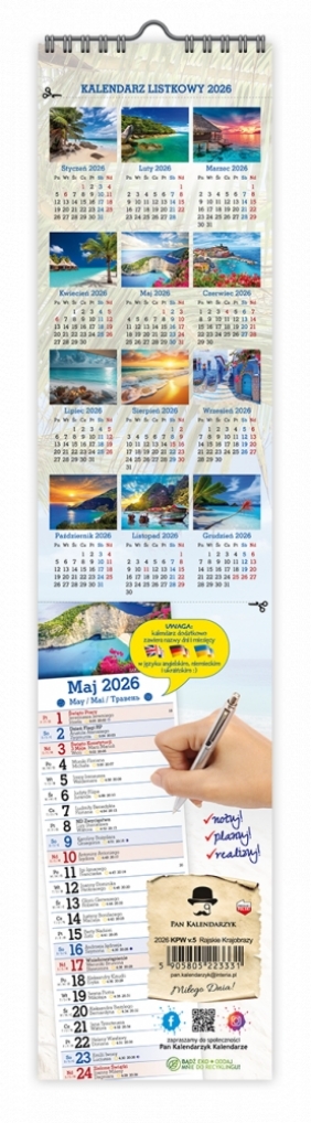 Kalendarz 2026 paskowy wąski - Rajskie krajobrazy