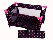 Łóżeczko-kojec dla lalek czarny w różowe groszki