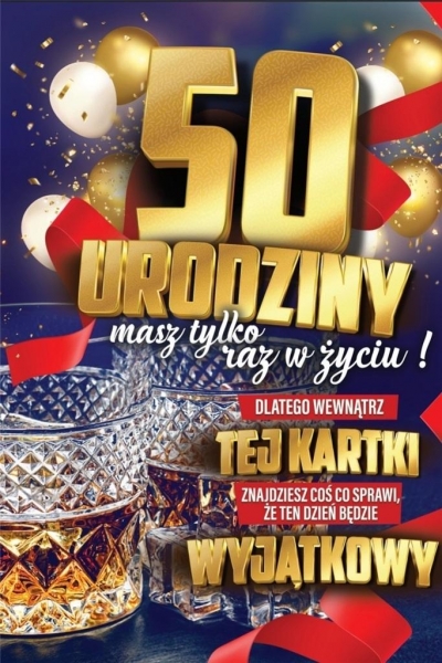 Karnet Urodzinowy 50 + naklejka