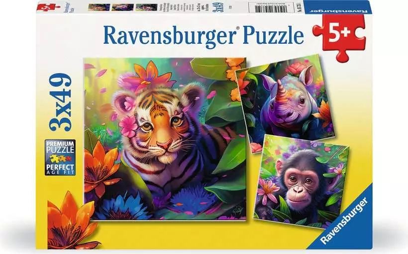 <img src='https://webimage.pl/pics/351/7/d4005556057351.png' style='height:440px' /> Ravensburger, Puzzle 3x49: Maluchy z dżungli (05735)