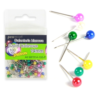 Szpilki 100 sztuk 14 mm kolorowe perła
