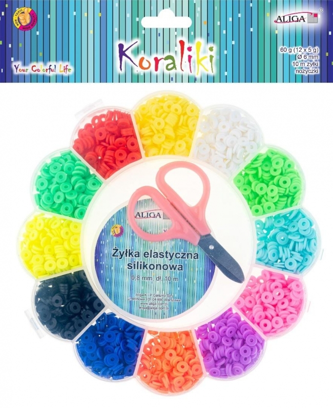 Koraliki gumowe 6mm, żyłka 10m, nożyczki MIX