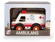 Drewniane auto z oponami - ambulans