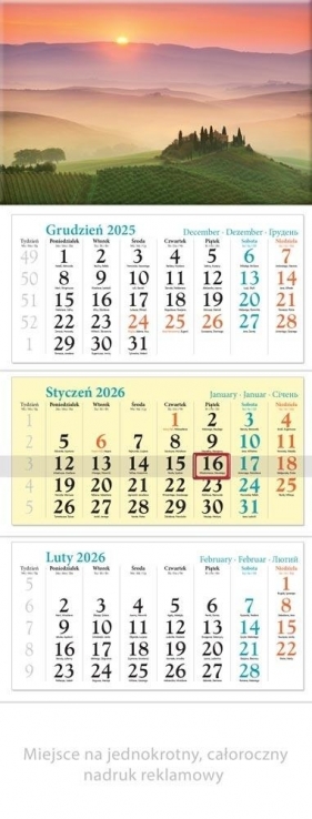 Kalendarz 2026 ścienny trójdzielny Toskania