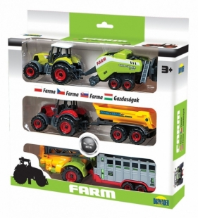 Trzy Traktory z przyczepami w pudełku (02438)