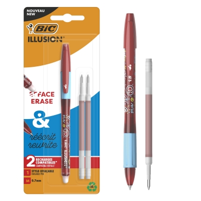 <img src='https://webimage.pl/pics/385/5/d3086123735385.jpg' style='height:440px' /> Długopis wymazywalny czerwony BIC Gel-ocity Illusion blister 1szt.+2 wkłady