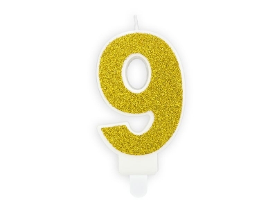 Świeczka urodzinowa Partydeco cyferka 9 złoty brokat 7cm (SCU3-9-019B)