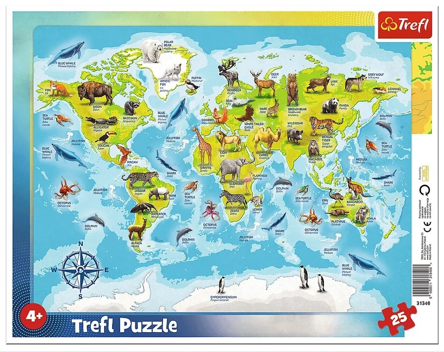 Trefl, Puzzle ramkowe 25: Mapa świata ze zwierzętami (31340)