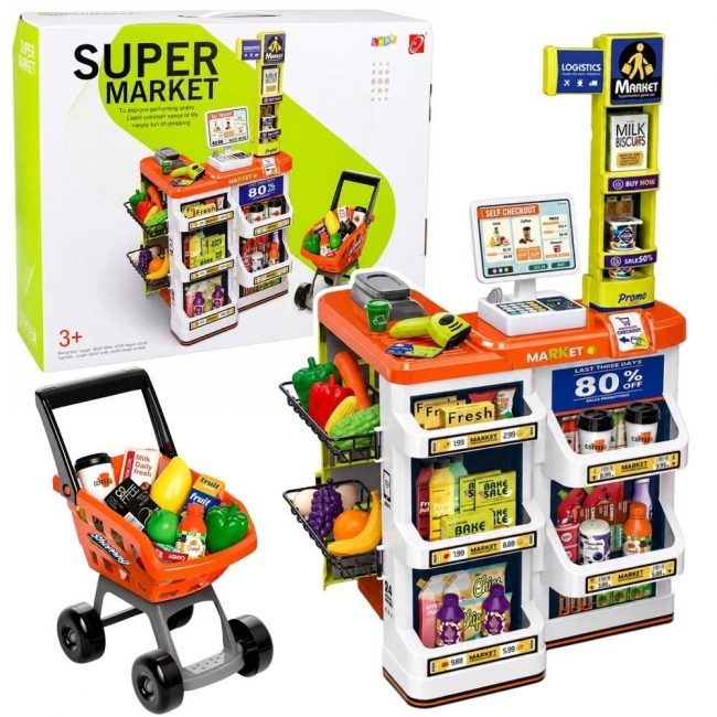<img src='https://webimage.pl/pics/422/1/d5907990201422.jpg' style='height:440px' /> Supermarket z kasą, wózkiem, skanerem 60el