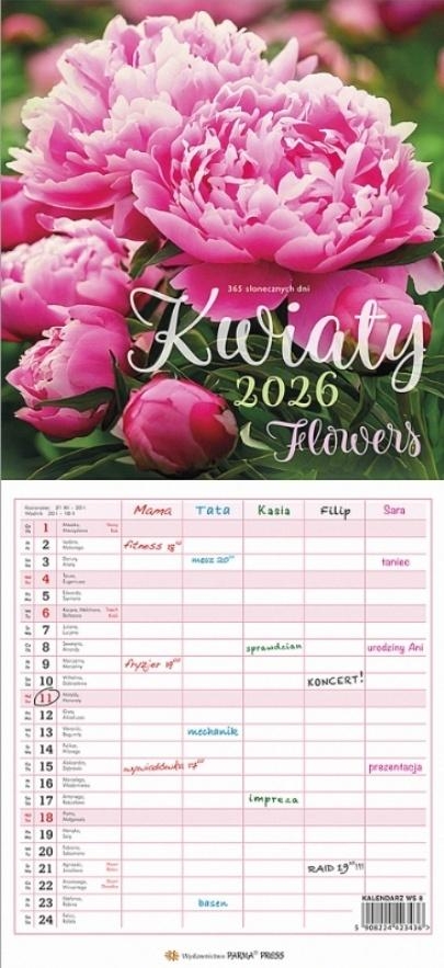 <img src='https://webimage.pl/pics/436/3/d5908224423436.jpg' style='height:440px' /> Kalendarz 2026 wieloplanszowy wąski - Kwiaty