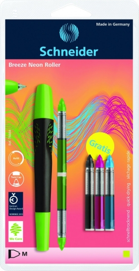 Pióro kulkowe SCHNEIDER Breeze NEON M zielone/czarne + 5 x kartridż blister