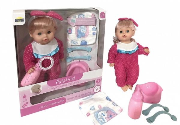Mówiąca lalka Agusia w różowej piżamce w kropki z akcesoriami (02744)