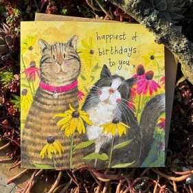 Karnet Urodziny 2 koty w kwiatach