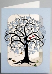 Karnet PM246 wycinany + koperta Białe drzewo ptaki