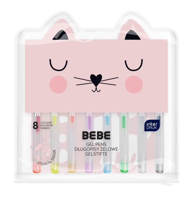 <img src='https://webimage.pl/pics/469/8/d5902277388469.png' style='height:440px' /> Zestaw długopisów żelowych z szablonem w etui BEBE Friends - Kot, 8 kol.