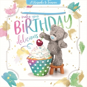 Kartka holograficzna 3D - Miś z wisienką na babeczce