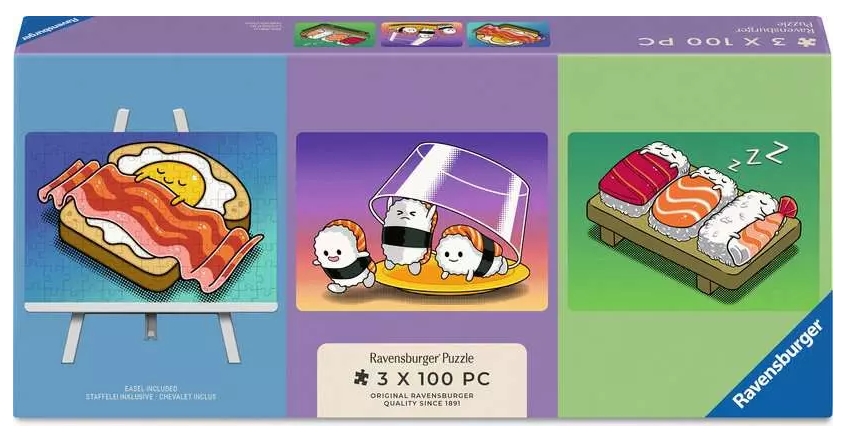 Ravensburger, Puzzle Mini 3x100: Kawaii śniadanie, obiad i kolacja (12002047)