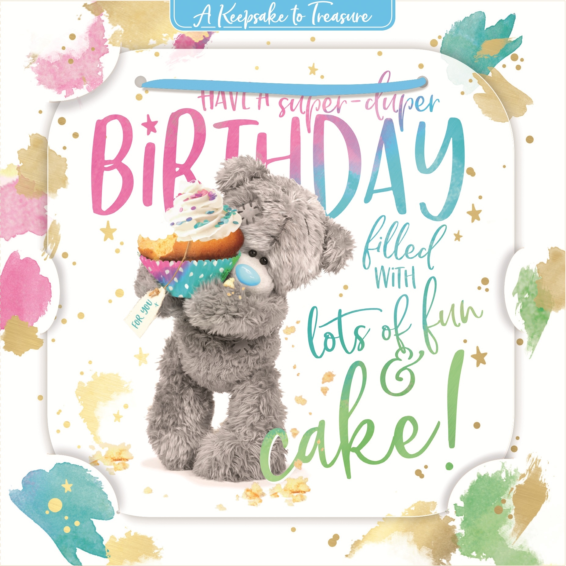 Kartka holograficzna 3D - Miś trzymający babeczkę