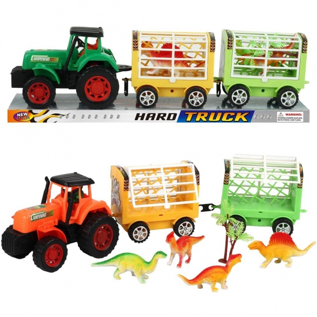 Traktor z przyczepą i dinozaurami