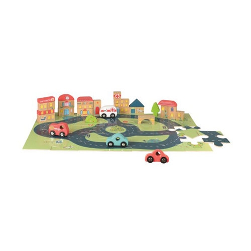 Drewniane puzzle, miasto i samochodziki