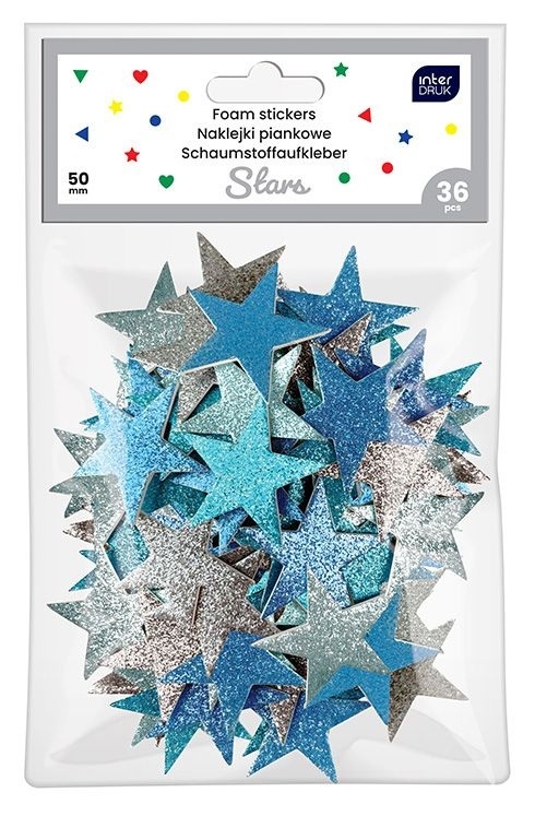 Brokatowe naklejki piankowe samoprzylepne - Stars, 36 szt.