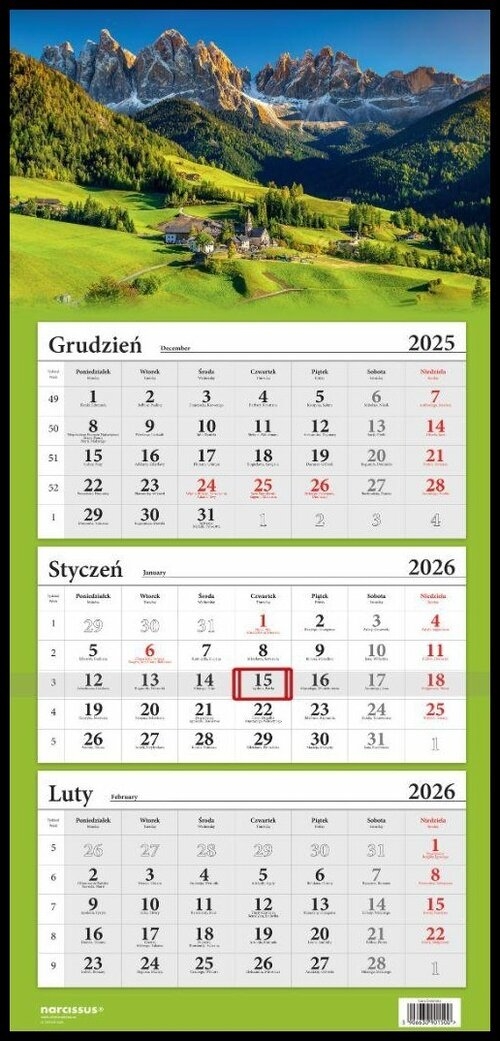 Kalendarz 2026 Trójdzielny Góry Dolomity