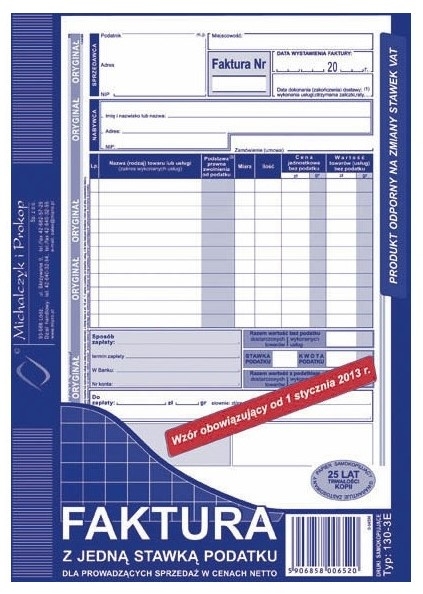 Faktura VAT pion A5 (z jedną stawką podatku) A5 80 (130-3)