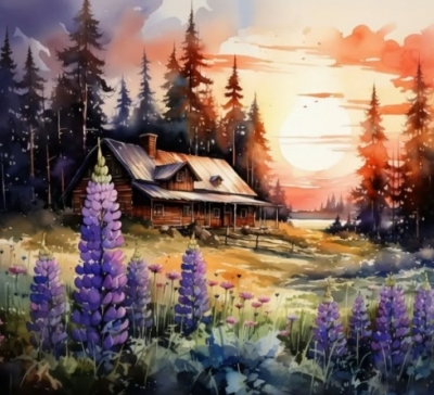 <img src='https://webimage.pl/pics/539/1/d5906196001539.jpg' style='height:440px' /> Diamentowa Mozaika Dom górski i zachód słońca NO-2000153