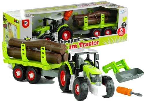 Rozkręcany traktor z przyczepą z drewnem 43 cm