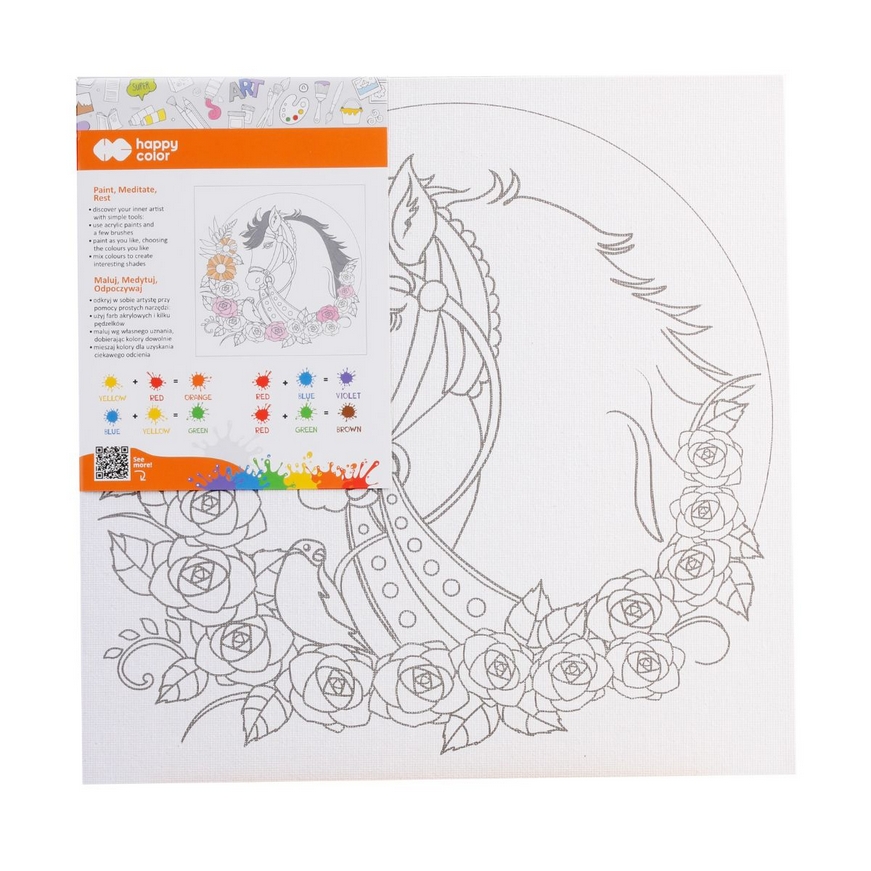 <img src='https://webimage.pl/pics/545/6/d5902979036545.png' style='height:440px' /> Podobrazie bawełniane 25x25, tablica malarska MDF z nadrukiem, Koń, Happy Color