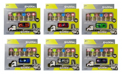 Pojazd zestaw metalowy laweta z autem i znakami drogowymi