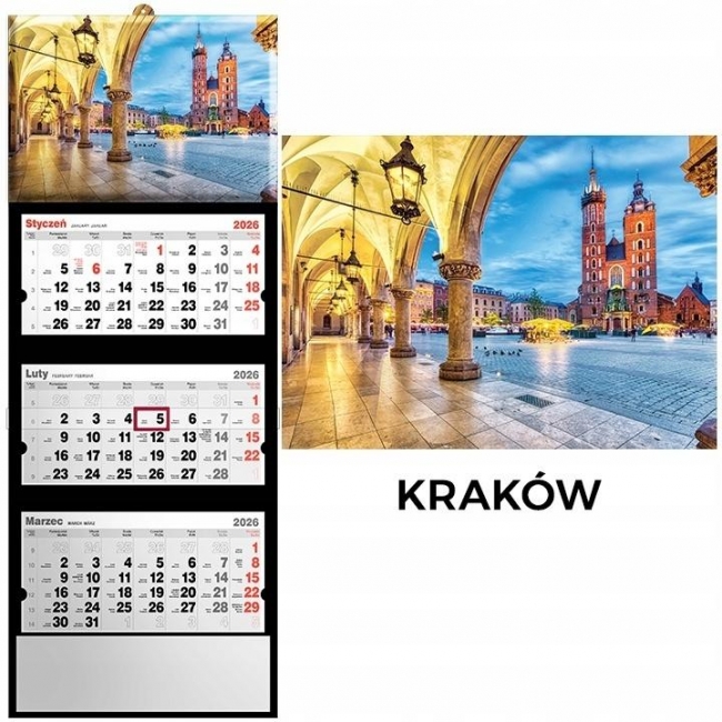 <img src='https://webimage.pl/pics/559/1/d5901421111014.jpg' style='height:440px' /> Kalendarz 2026 trójdzielny Kraków