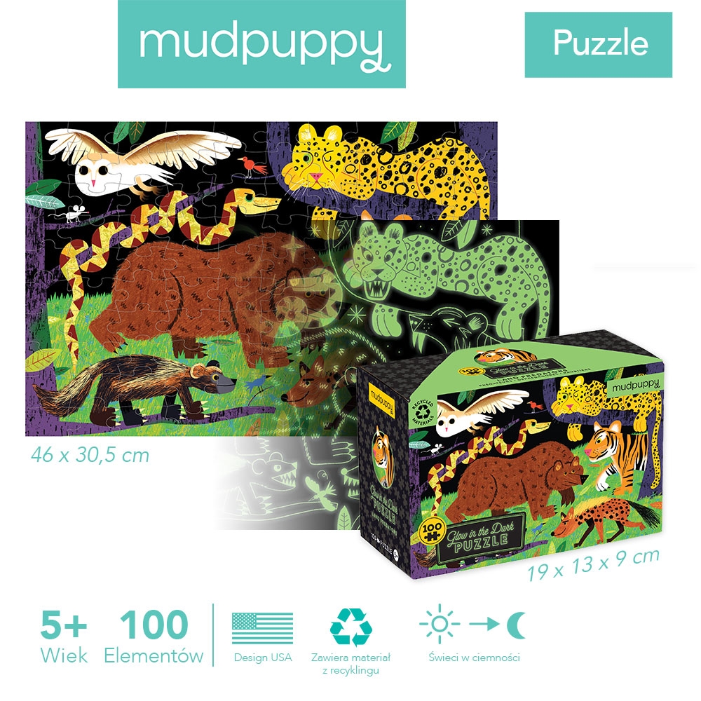 Mudpuppy, Puzzle świecące w ciemności - Drapieżniki lądowe, 100 el.