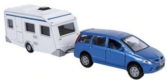 Samochód Hipo metalowe 12cm z napędem oraz z otwieranymi drzwiami w zestawie z przyczepą campingową 14cm (521506)