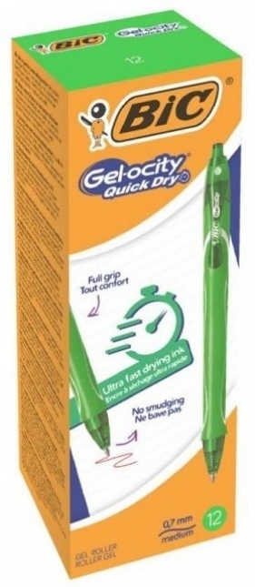 Długopis żelowy Quick Dry 0,7mm zielony (12szt)BIC