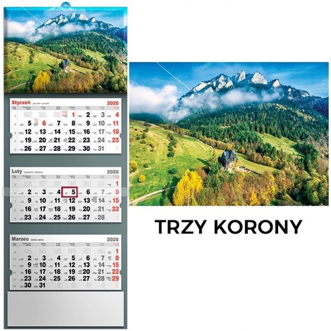 <img src='https://webimage.pl/pics/596/1/d5901421111038.jpg' style='height:440px' /> Kalendarz 2026 trójdzielny Trzy Korony
