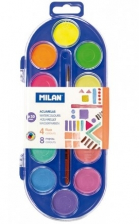 Farby akwarelowe Milan - 12 kolorów (4 fluo + 8 metalizowanych) + pędzel (0531512)