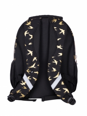 Trzykomorowy plecak Hash czarny ze złotymi ptakami
