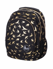 Trzykomorowy plecak Hash czarny ze złotymi ptakami