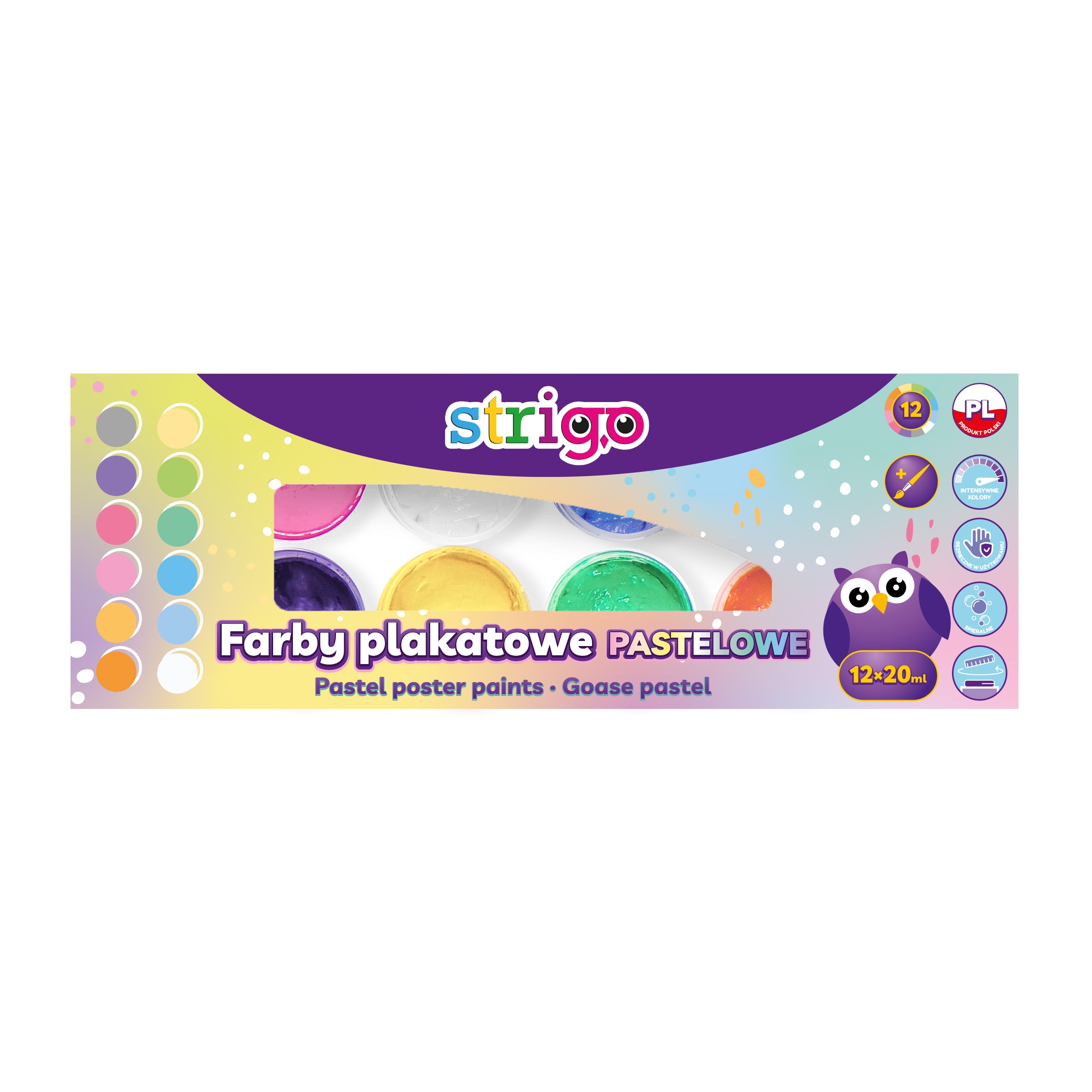 Strigo, Farby plakatowe pastelowe z pędzelkiem, 12x20 ml