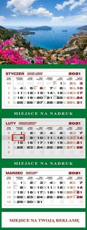 Kalendarz 2021 Ścienny Trójdzielny Lazurowe Wyb.