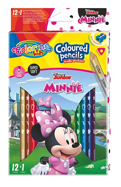 <img src='https://webimage.pl/pics/614/0/d5907620190614.jpg' style='height:440px' /> Kredki ołówkowe trójkątne Colorino Kids 13 kolorów 12 sztuk z temperówką Minnie