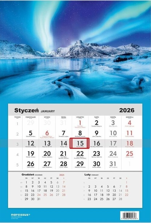 Kalendarz 2026 Jednodzielny Zorza polarna, Islandia