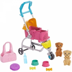 Barbie: Spacerówka z pieskami. Zestaw z lalką Barbie, 2 szczeniaczkami i wózeczkiem dla piesków (GHV92)