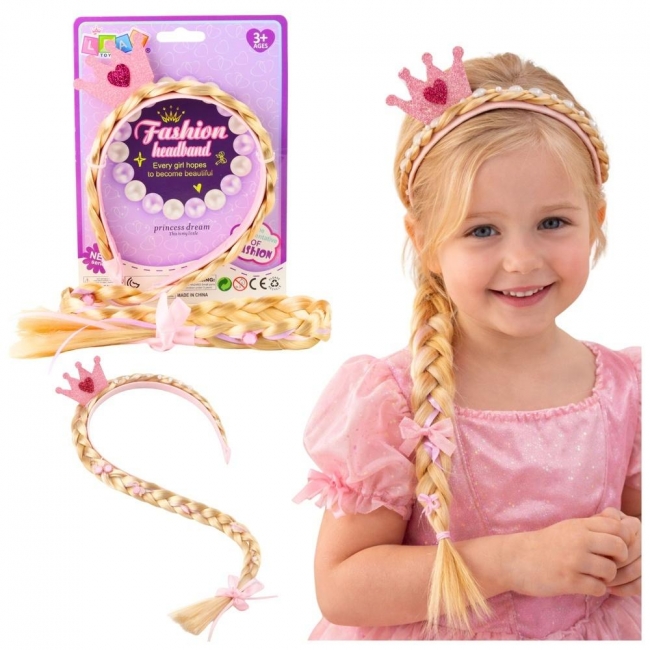 Opaska z długim warkoczem róż wstążka korona 50cm