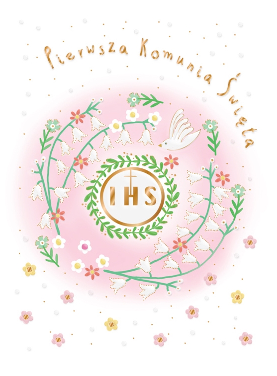 Karnet A5 Komunia. Gołąb różowy