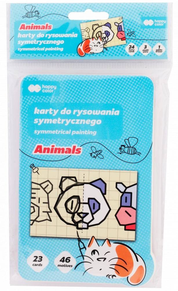 <img src='https://webimage.pl/pics/648/1/dHA-2621-1123-AN24.png' style='height:440px' /> Karty do rysunku symetrycznego - Animals, 24 karty, 3 pisaki, guma, Happy Color