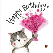 Karnet Urodziny S343 Kot z różowym bukietem