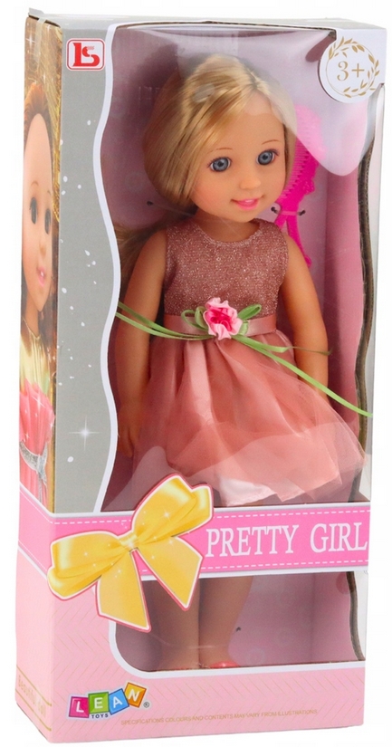 Lalka w sukience z kokardką długie włosy róż 38cm